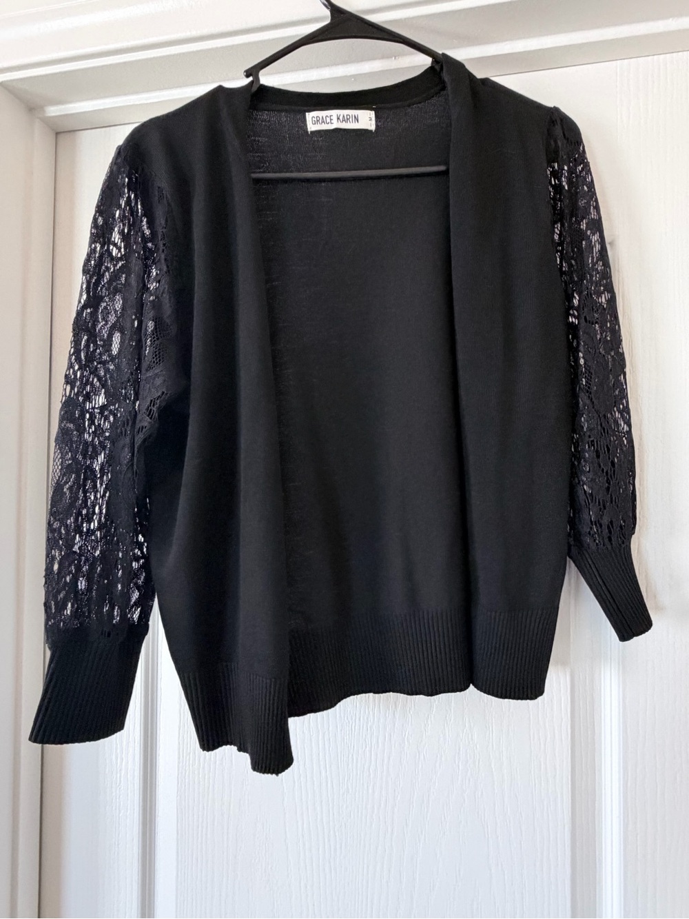 Grace Karin Black Open Front Cardigan with Lace Sleeves